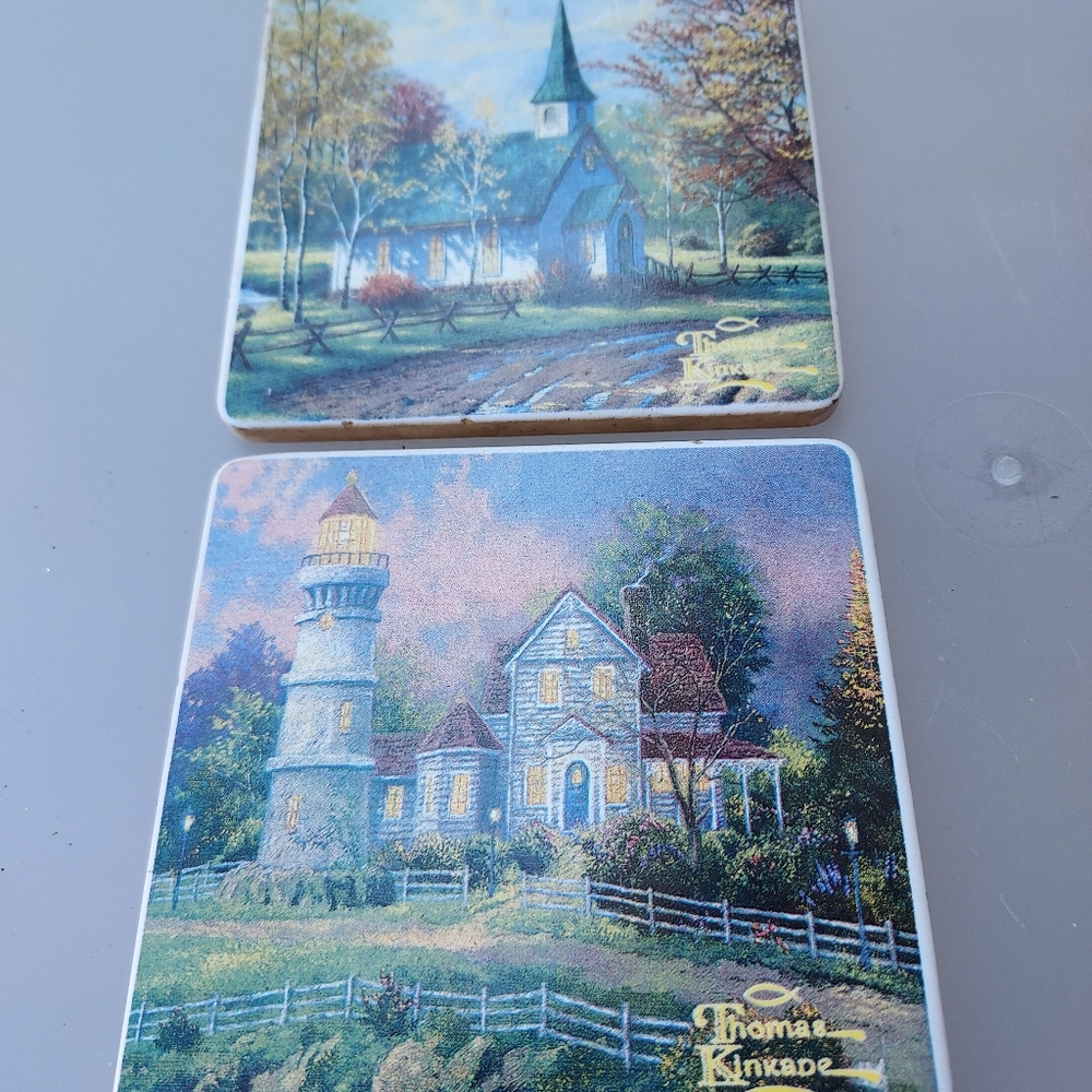 Thomas Kinkade ceramic art coasters Painter of Light set of 2 Cottagecore Decor